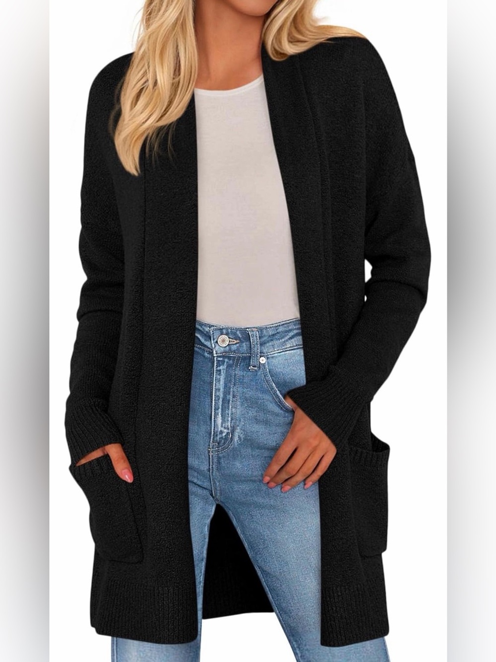 A.     PRETTYGARDEN Black Open Front Long Cardigan Sweaters w-pockets LARGE NWT